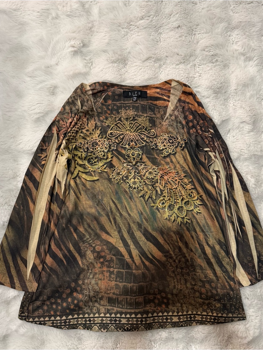 B.L.E.U. Embellished Print Top